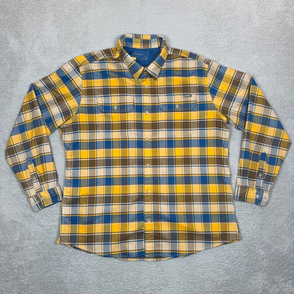 Eddie Bauer Mens 2XL Classic Fit Plaid Button Down Shirt Yellow Blue Long Sleeve
